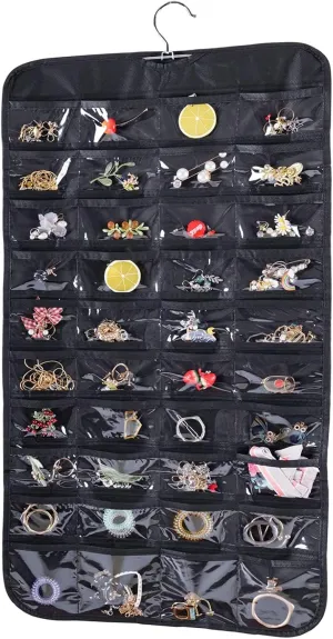 Bloss Hanging Jewelry Organizer, 2 Sided 80 Pocket Chain Storage Bag - 2 Layer Fabric, Travel Jewelry Organizer - Black