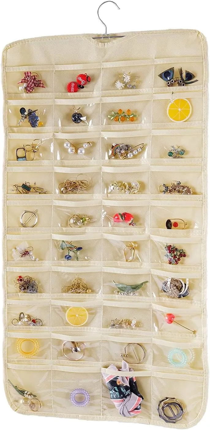Bloss Hanging Jewelry Organizer, Double Sided 80 Pocket Jewelry Chain Storage Bag 2 Layer of Fabric Jewelry Organizer Holder for Necklace Bracelet Earring Ring Chain Knitting Tool-Black (Beige)