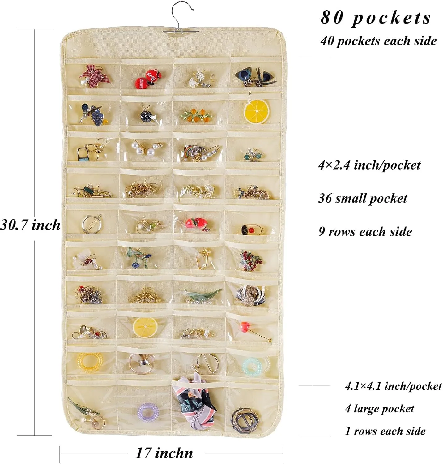 Bloss Hanging Jewelry Organizer, Double Sided 80 Pocket Jewelry Chain Storage Bag 2 Layer of Fabric Jewelry Organizer Holder for Necklace Bracelet Earring Ring Chain Knitting Tool-Black (Beige)