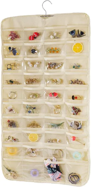 Bloss Hanging Jewelry Organizer, Double Sided 80 Pocket Jewelry Chain Storage Bag 2 Layer of Fabric Jewelry Organizer Holder for Necklace Bracelet Earring Ring Chain Knitting Tool-Black (Beige)