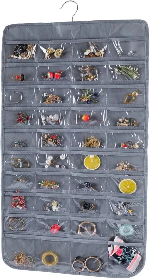 Bloss Hanging Jewelry Organizer, Double Sided 80 Pocket Jewelry Chain Storage Bag 2 Layer of Fabric Jewelry Organizer Holder for Necklace Bracelet Earring Ring Chain Knitting Tool-Black (Gray)