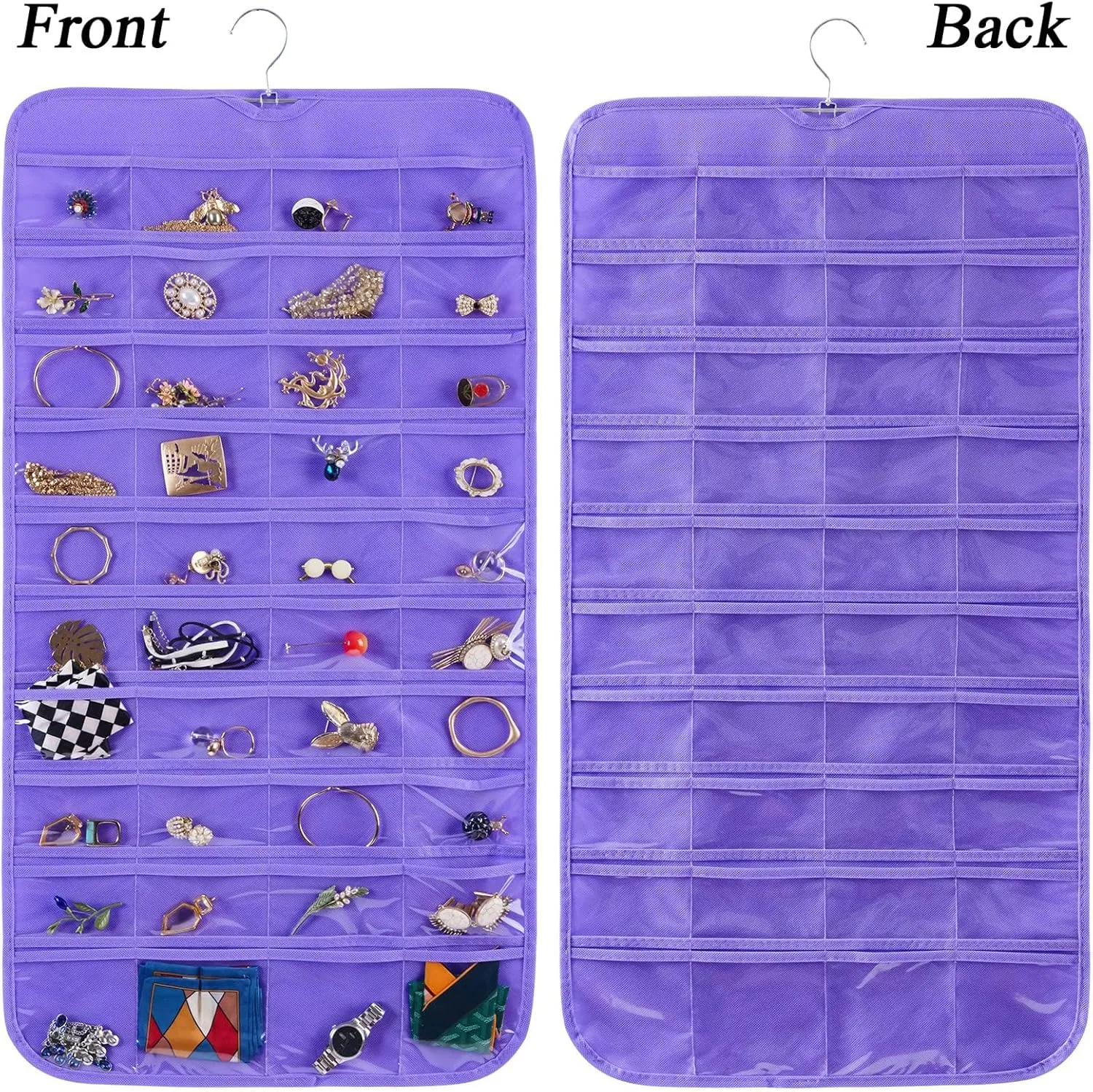 Bloss Hanging Jewelry Organizer, Double Sided 80 Pocket Jewelry Chain Storage Bag 2 Layer of Fabric Jewelry Organizer Holder for Necklace Bracelet Earring Ring Chain Knitting Tool-Black (Purple)