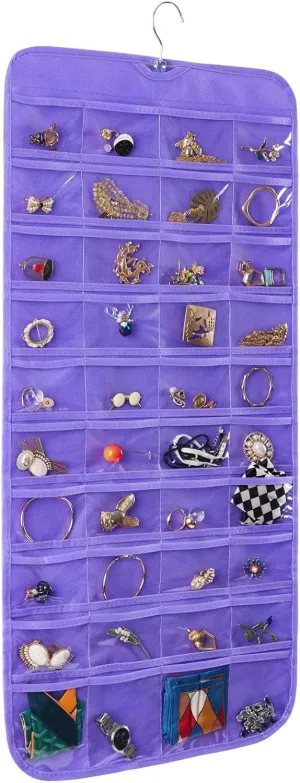 Bloss Hanging Jewelry Organizer, Double Sided 80 Pocket Jewelry Chain Storage Bag 2 Layer of Fabric Jewelry Organizer Holder for Necklace Bracelet Earring Ring Chain Knitting Tool-Black (Purple)