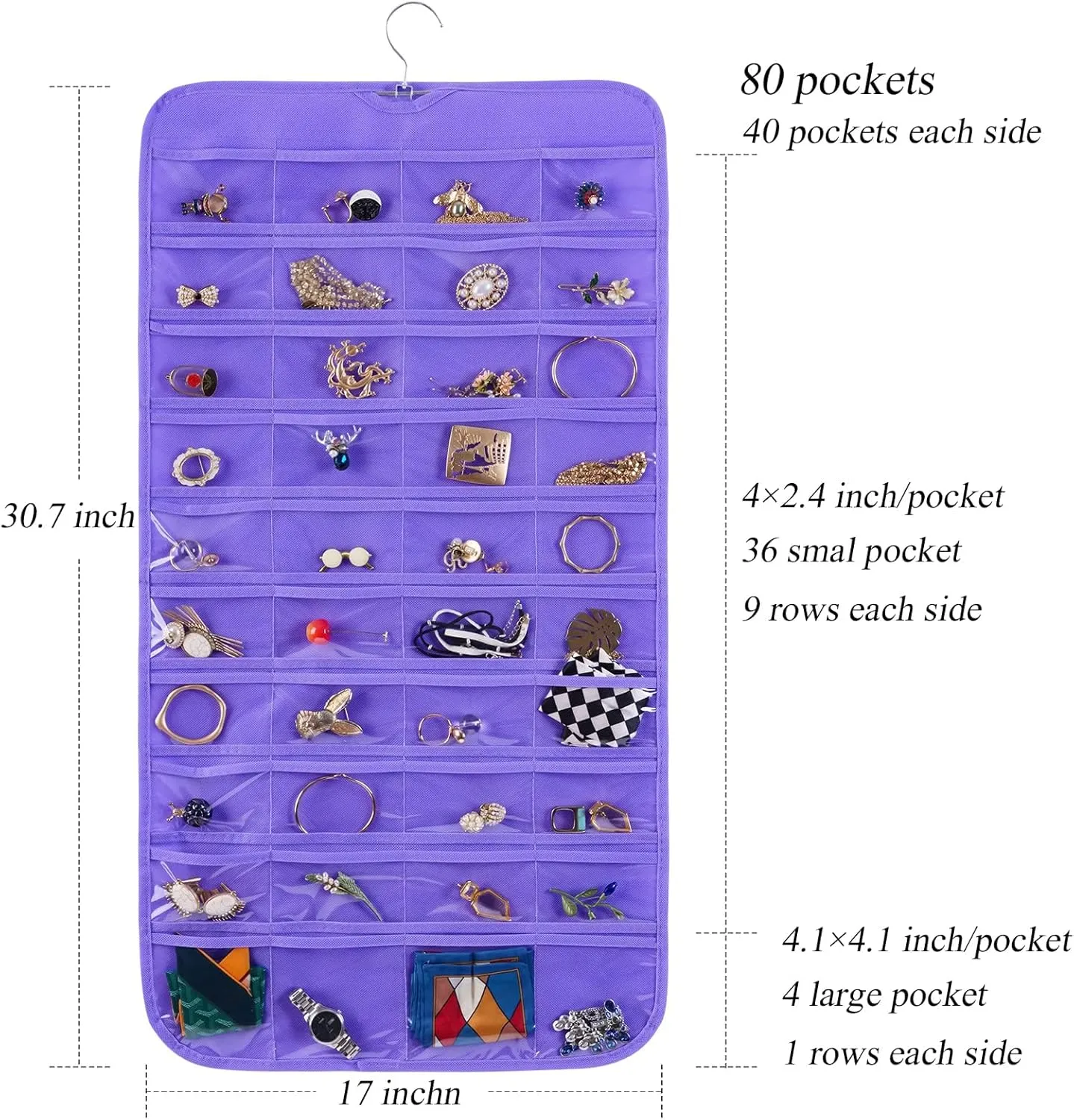 Bloss Hanging Jewelry Organizer, Double Sided 80 Pocket Jewelry Chain Storage Bag 2 Layer of Fabric Jewelry Organizer Holder for Necklace Bracelet Earring Ring Chain Knitting Tool-Black (Purple)
