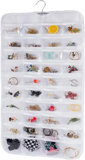 Bloss Hanging Jewelry Organizer, Double Sided 80 Pocket Jewelry Chain Storage Bag 2 Layer of Fabric Jewelry Organizer Holder for Necklace Bracelet Earring Ring Chain Knitting Tool-Black (White)