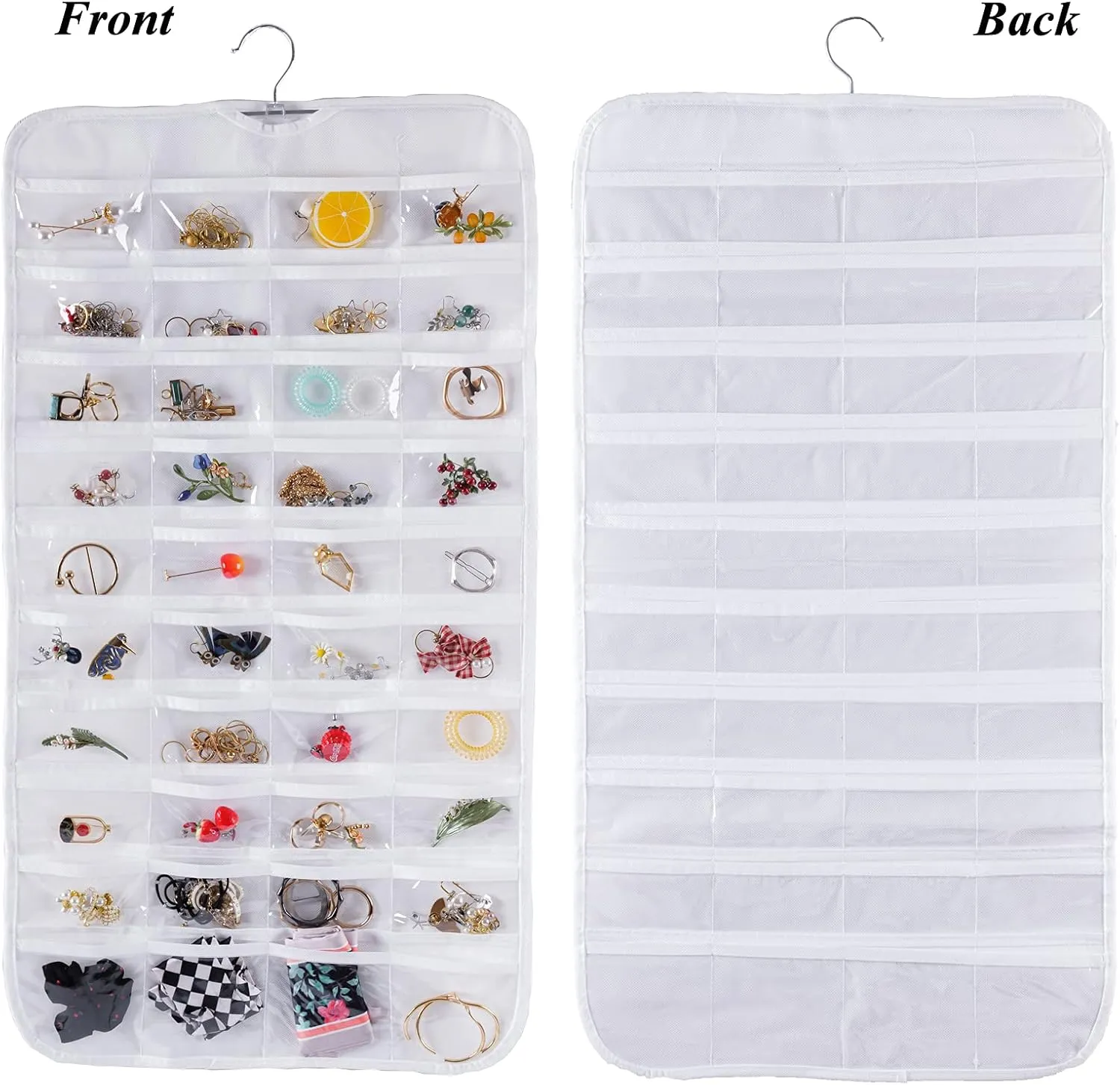 Bloss Hanging Jewelry Organizer, Double Sided 80 Pocket Jewelry Chain Storage Bag 2 Layer of Fabric Jewelry Organizer Holder for Necklace Bracelet Earring Ring Chain Knitting Tool-Black (White)