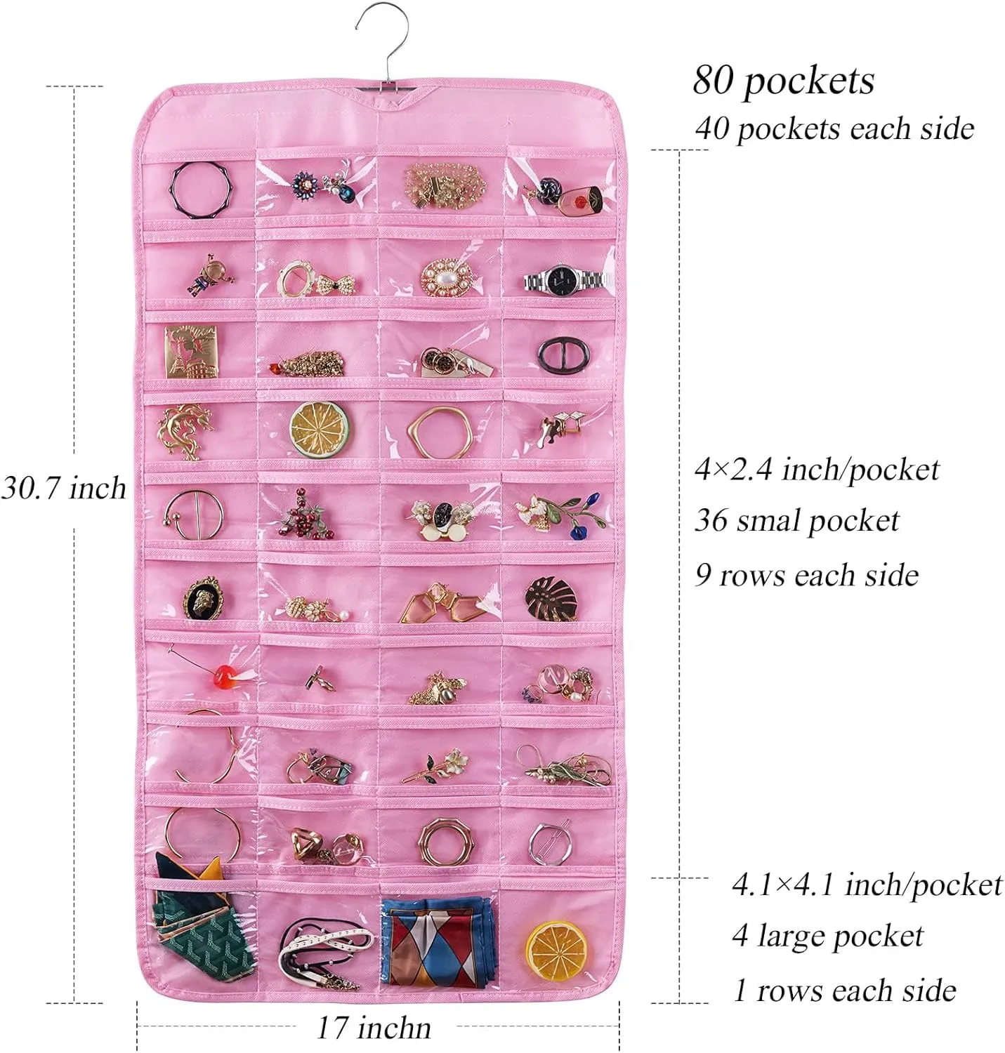 Bloss Mothers Day Gifts, Hanging Jewelry Organizer, Double Sided 80 Pocket Jewelry Chain Storage Bag 2 Layer of Fabric Jewelry Organizer Holder for Necklace Bracelet Earring Ring Chain