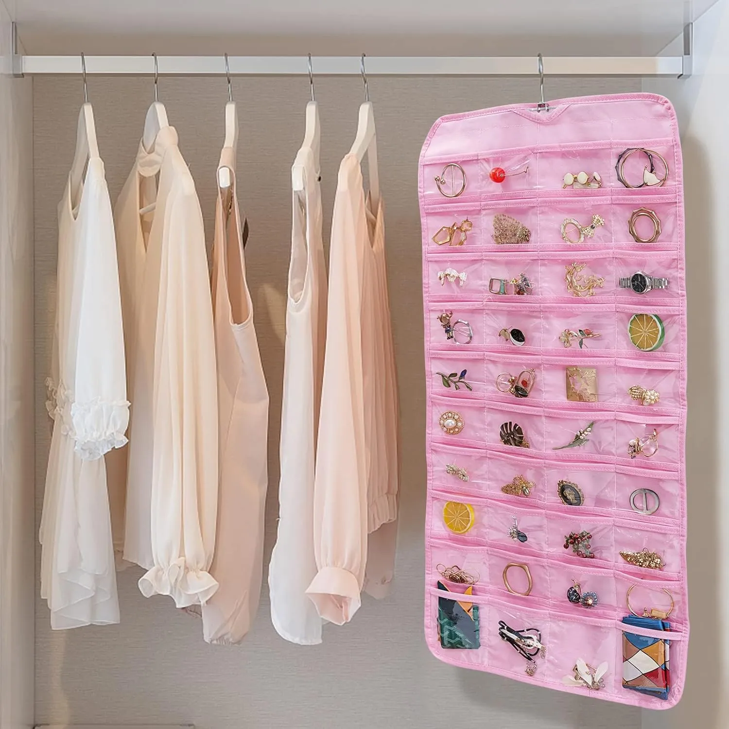 Bloss Mothers Day Gifts, Hanging Jewelry Organizer, Double Sided 80 Pocket Jewelry Chain Storage Bag 2 Layer of Fabric Jewelry Organizer Holder for Necklace Bracelet Earring Ring Chain