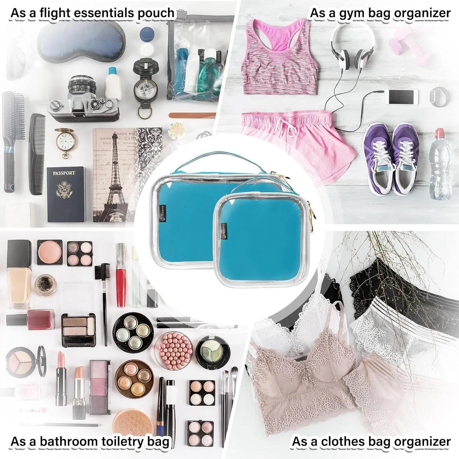 Blue Clear Makeup Bags TSA Approved Toiletry Bag for Women Men Cosmetic Bags with Handle Carry On Airport Airline Compliant Bag Quart Size PVC Travel Bags for Toiletries Business, 2 Pack