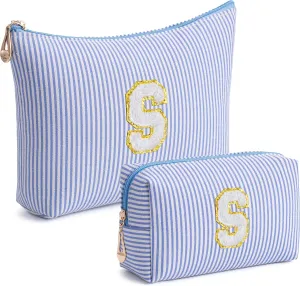 Blue Personalized Initial Makeup Bag Set, Cute Preppy Travel Toiletry Cosmetic Bags, Small Make Up Pouch, Birthday Gifts for Women, Girls, Friends, (S)