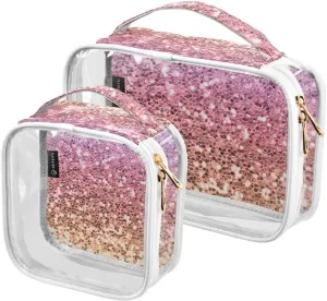 Blue Pink Sparkle Clear Makeup Bags TSA Approved Toiletry Bag for Women Men Cosmetic Bags with Zipper Carry On Airport Airline Compliant Bag Quart Size PVC Travel Bags for Toiletries Bathroom, 2 Pack