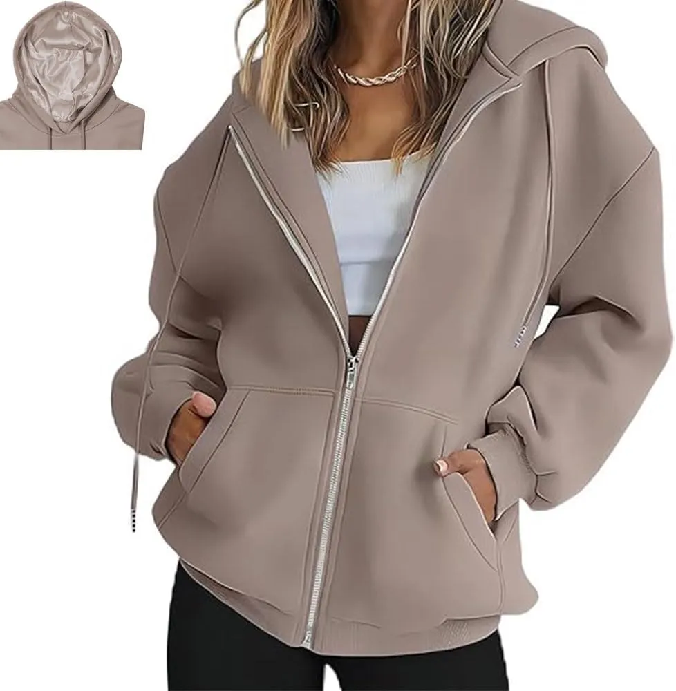 Bocianelli Womens Zip Up Hoodies Satin lined Hoodies Oversized Sweatshirts Fall Sweaters Casual Y2K Jackets 2024 Clothes