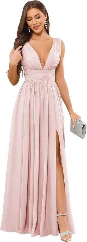 BOLENSYE Women's V Neck Bridesmaid Dresses Long Ruched Chiffon Sleeveless Evening Party Gown with Slit