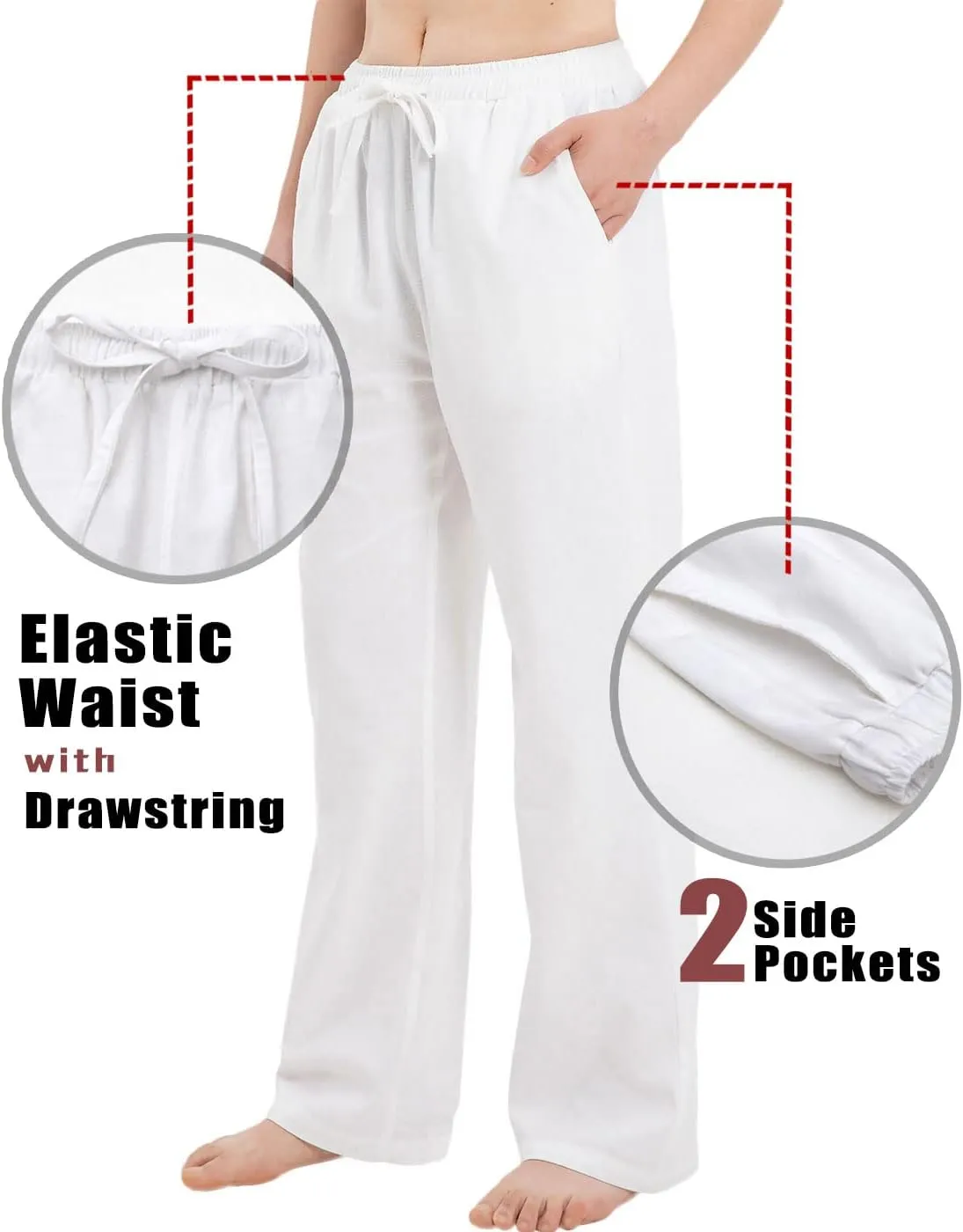 Bonnorth Women's Cotton Linen Elastic Drawstring Waist Loose Wide Leg Solid Pants with Pockets