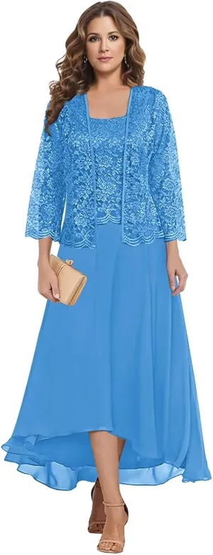 BONOYUER 2 Piece Tea Length Mother of The Bride Dresses for Wedding 3/4 Sleeve Formal Dress with Jacket