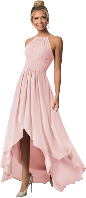 BONOYUER Chiffon Halter Bridesmaid Dresses for Wedding with Pockets A Line High Low Formal Evening Dress