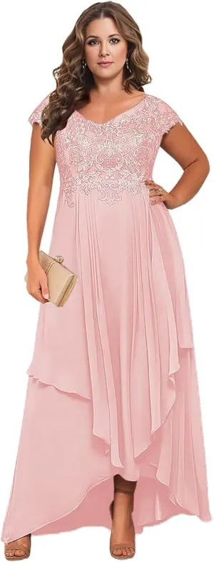 BONOYUER Tea Length Mother of The Bride Dresses with Sleeves V Neck Chiffon High Low Formal Evening Dress for Women