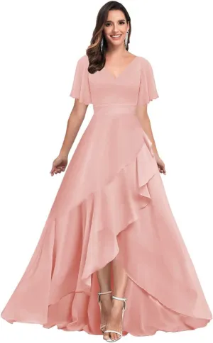 Bridesmaid Dresses for Women Modest V Neck Short Sleeve A Line Chiffon Ruffled Hemline Prom Dress Formal Gown