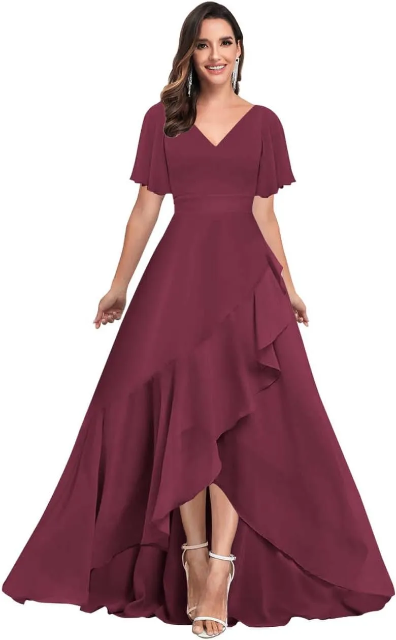 Bridesmaid Dresses for Women Modest V Neck Short Sleeve A Line Chiffon Ruffled Hemline Prom Dress Formal Gown