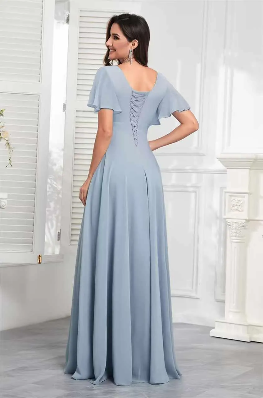 Bridesmaid Dresses for Women Modest V Neck Short Sleeve A Line Chiffon Ruffled Hemline Prom Dress Formal Gown