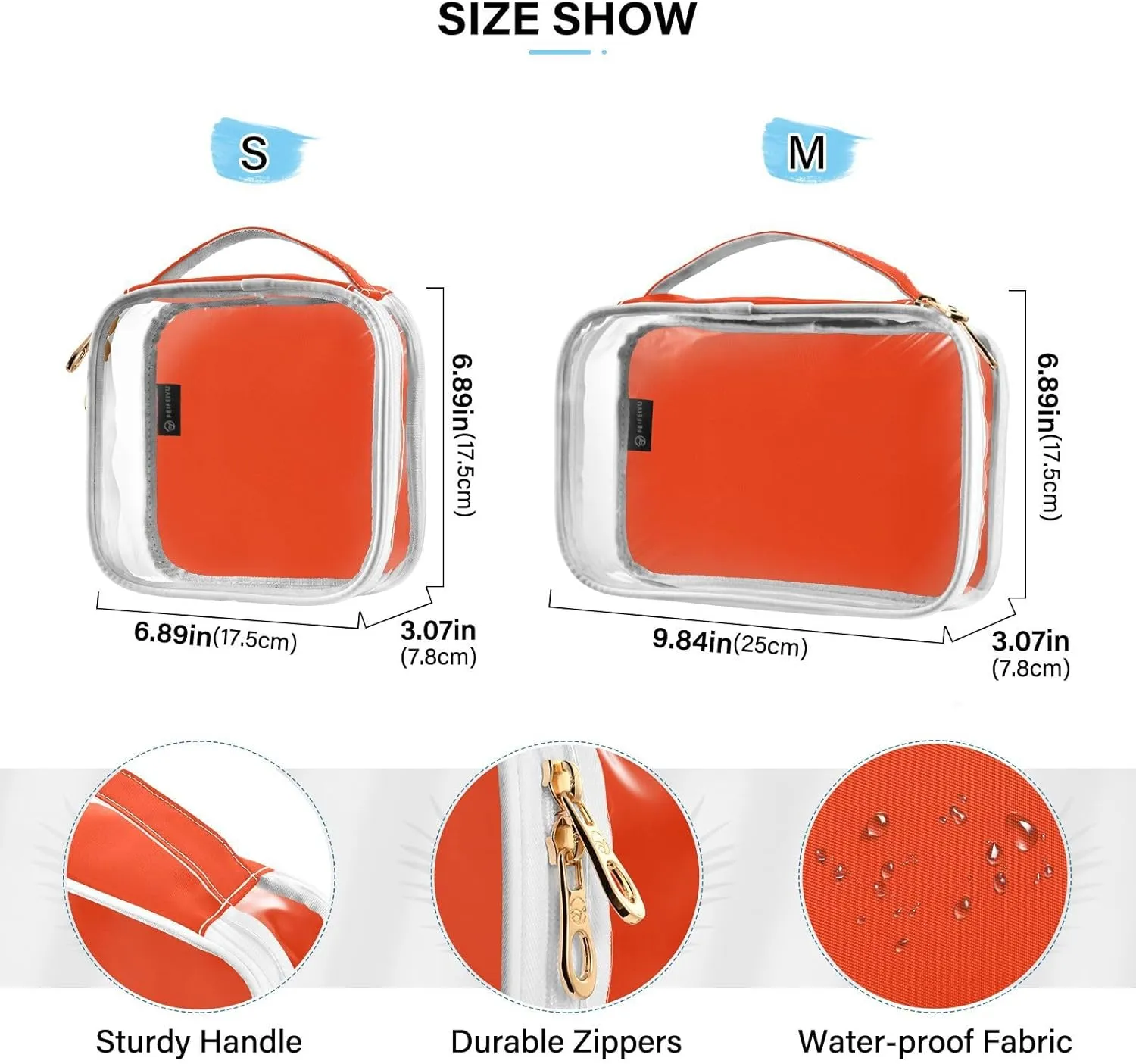Bright Orange Clear Makeup Bags TSA Approved Toiletry Bag for Women Men Cosmetic Bags with Zipper Carry On Airport Airline Compliant Bag Quart Size PVC Travel Bags for Toiletries Liquids, 2 Pack