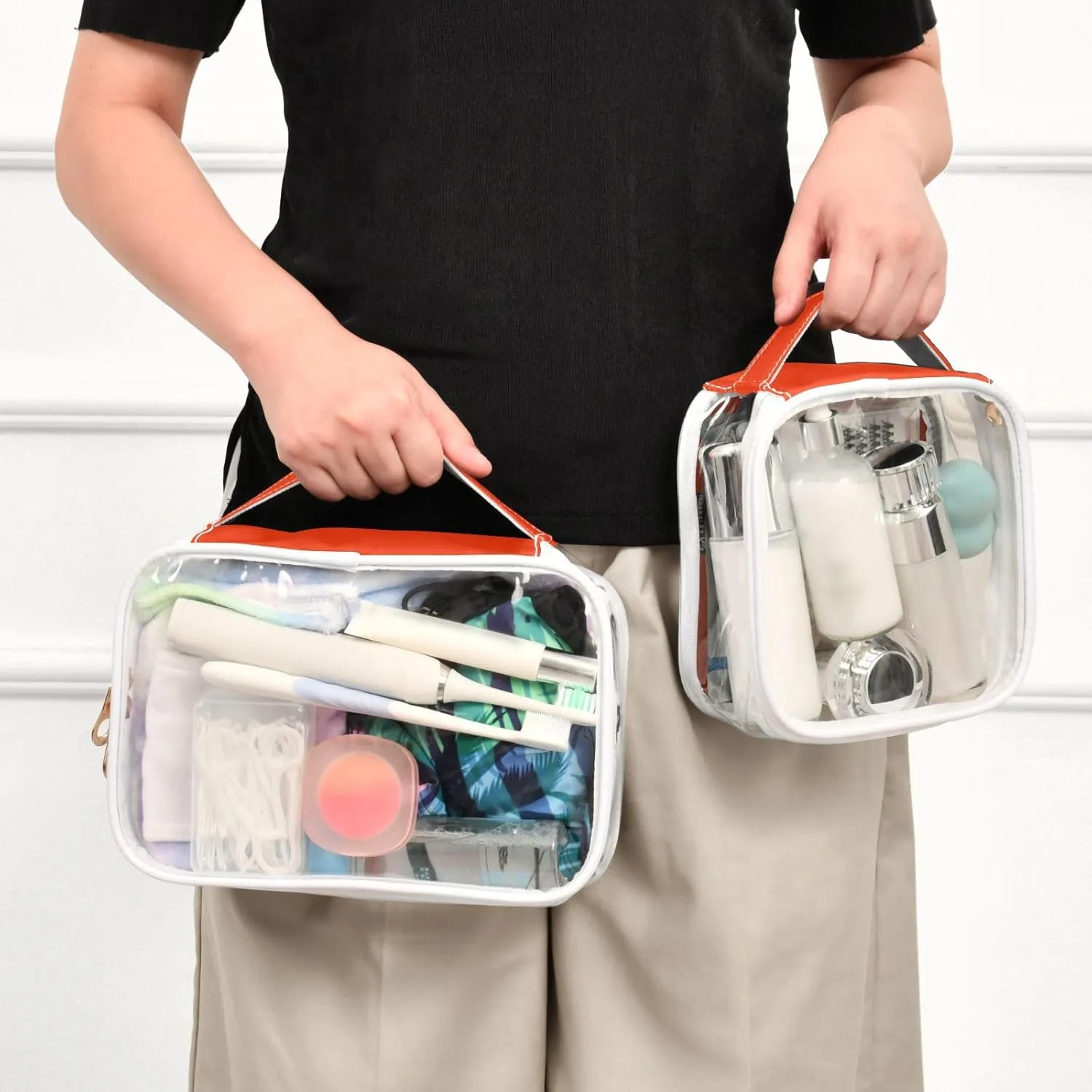 Bright Orange Clear Makeup Bags TSA Approved Toiletry Bag for Women Men Cosmetic Bags with Zipper Carry On Airport Airline Compliant Bag Quart Size PVC Travel Bags for Toiletries Liquids, 2 Pack