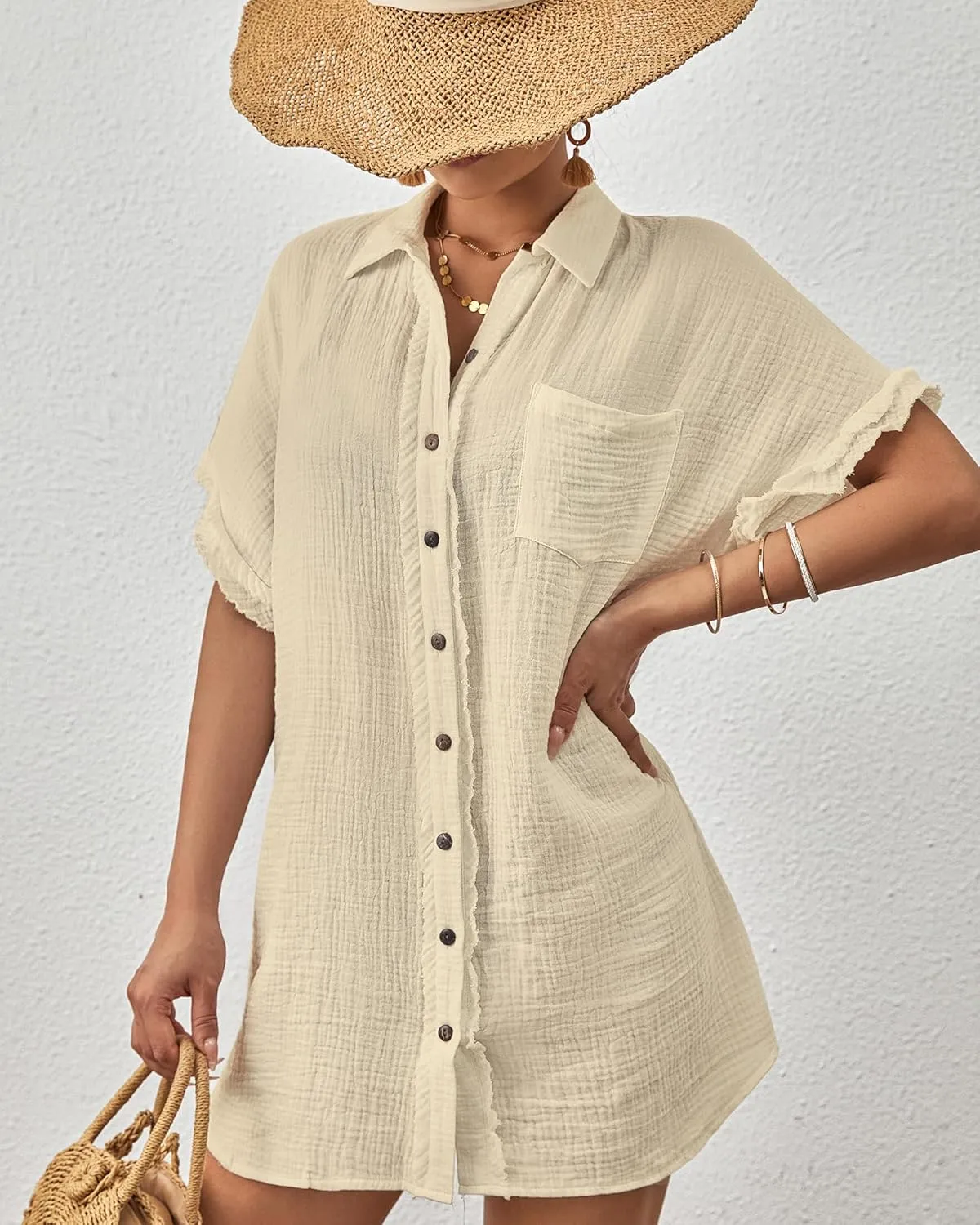 Bsubseach Women Swimsuit Coverup Button Down Bathing Suit Cover Ups for Swimwear Short Sleeve Bikini Beach Shirt