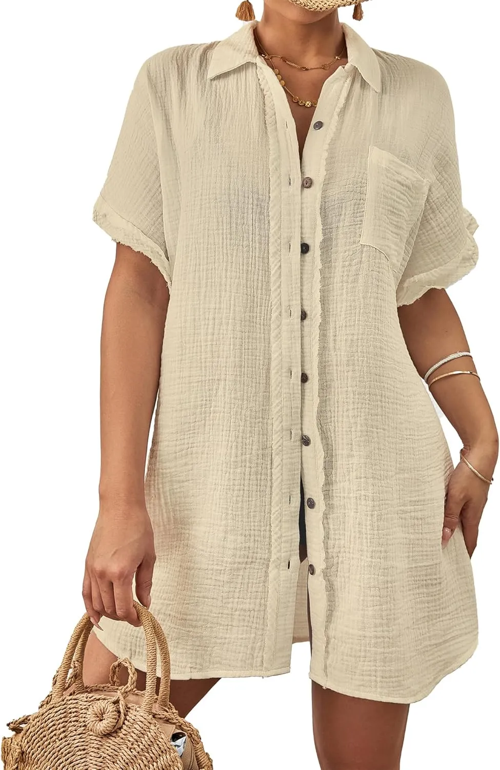 Bsubseach Women Swimsuit Coverup Button Down Bathing Suit Cover Ups for Swimwear Short Sleeve Bikini Beach Shirt