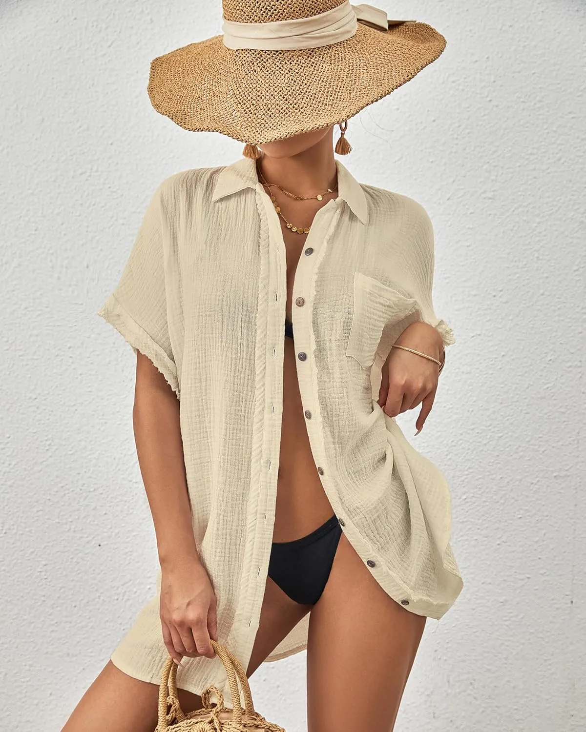 Bsubseach Women Swimsuit Coverup Button Down Bathing Suit Cover Ups for Swimwear Short Sleeve Bikini Beach Shirt