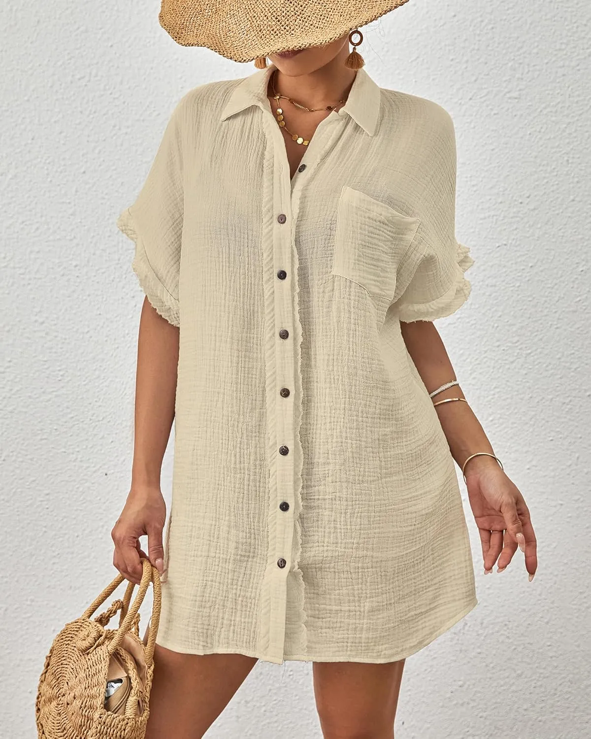 Bsubseach Women Swimsuit Coverup Button Down Bathing Suit Cover Ups for Swimwear Short Sleeve Bikini Beach Shirt