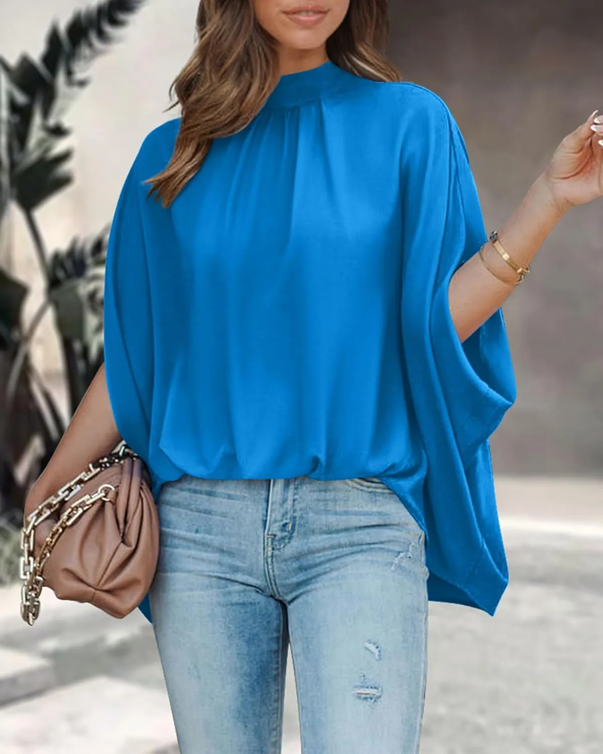 BTFBM Women Mock Neck Summer Tops 2025 Spring Batwing Short Sleeve Loose High Low Hem Casual Oversized Blouses Shirts