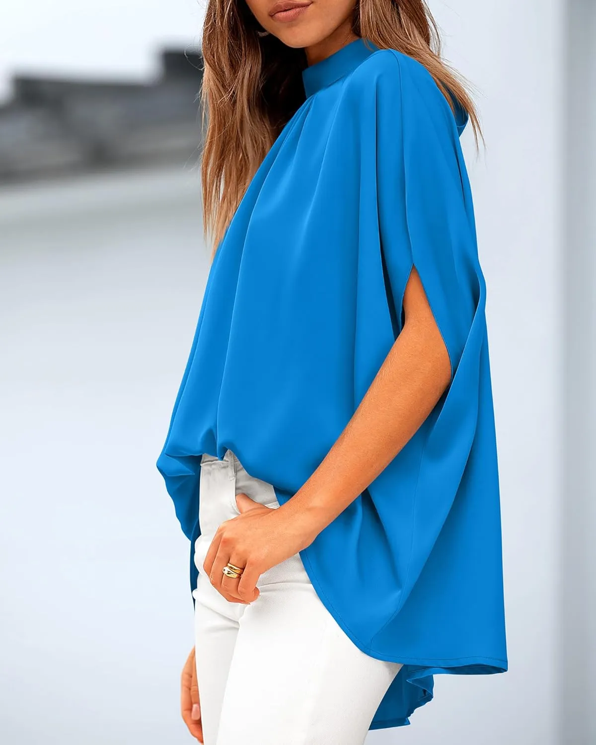 BTFBM Women Mock Neck Summer Tops 2025 Spring Batwing Short Sleeve Loose High Low Hem Casual Oversized Blouses Shirts
