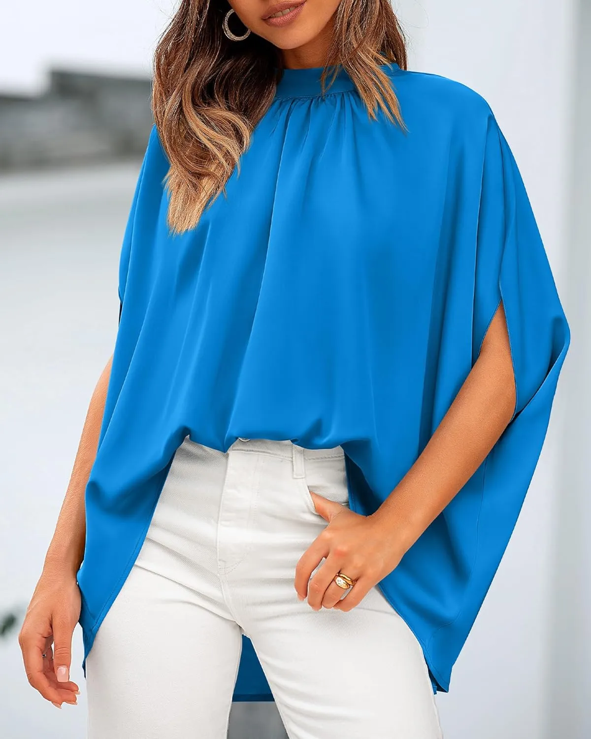 BTFBM Women Mock Neck Summer Tops 2025 Spring Batwing Short Sleeve Loose High Low Hem Casual Oversized Blouses Shirts