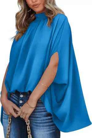 BTFBM Women Mock Neck Summer Tops 2025 Spring Batwing Short Sleeve Loose High Low Hem Casual Oversized Blouses Shirts