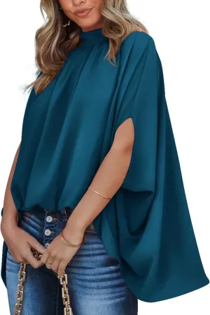 BTFBM Women Mock Neck Summer Tops 2025 Spring Batwing Short Sleeve Loose High Low Hem Casual Oversized Blouses Shirts