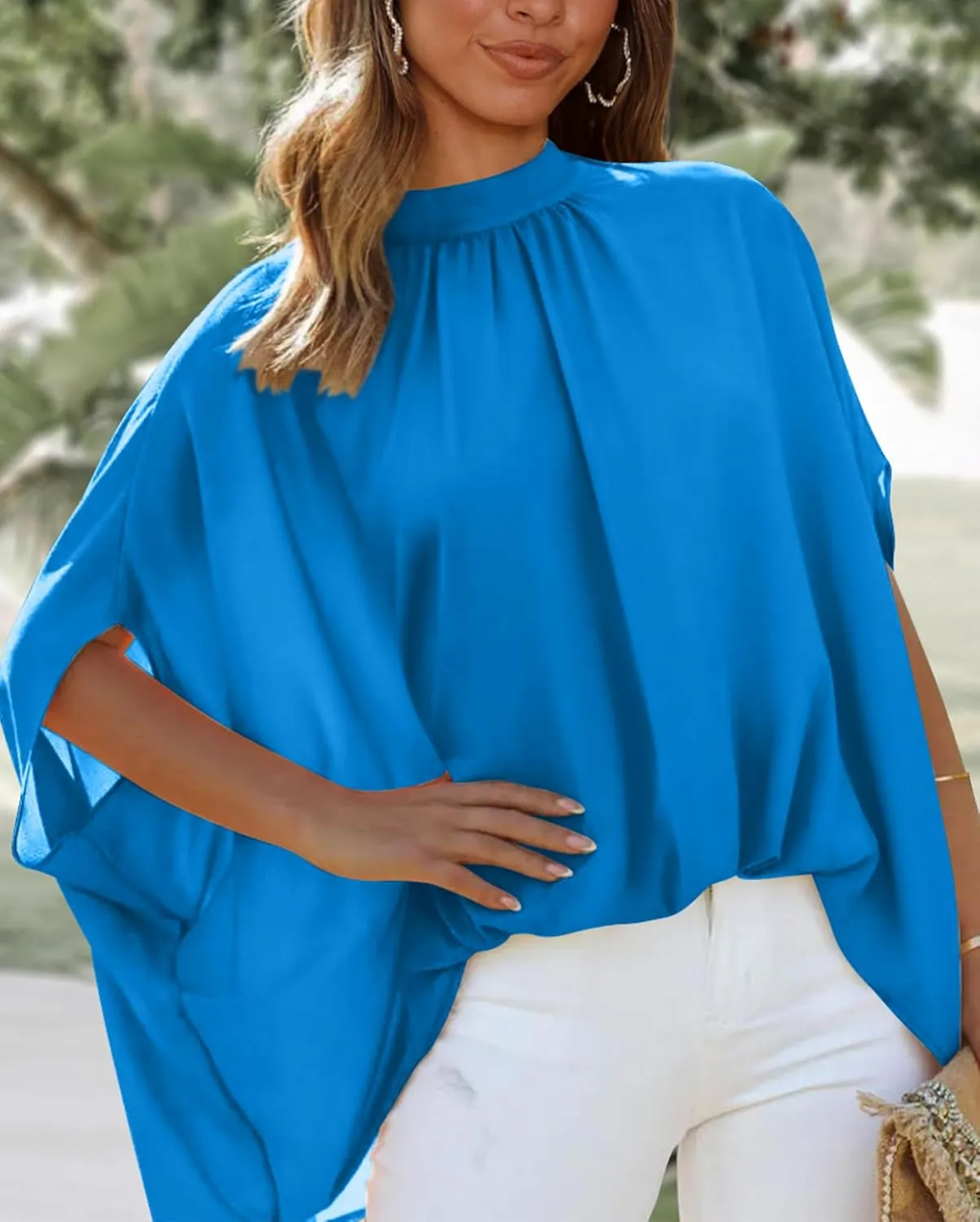BTFBM Women Mock Neck Summer Tops 2025 Spring Batwing Short Sleeve Loose High Low Hem Casual Oversized Blouses Shirts