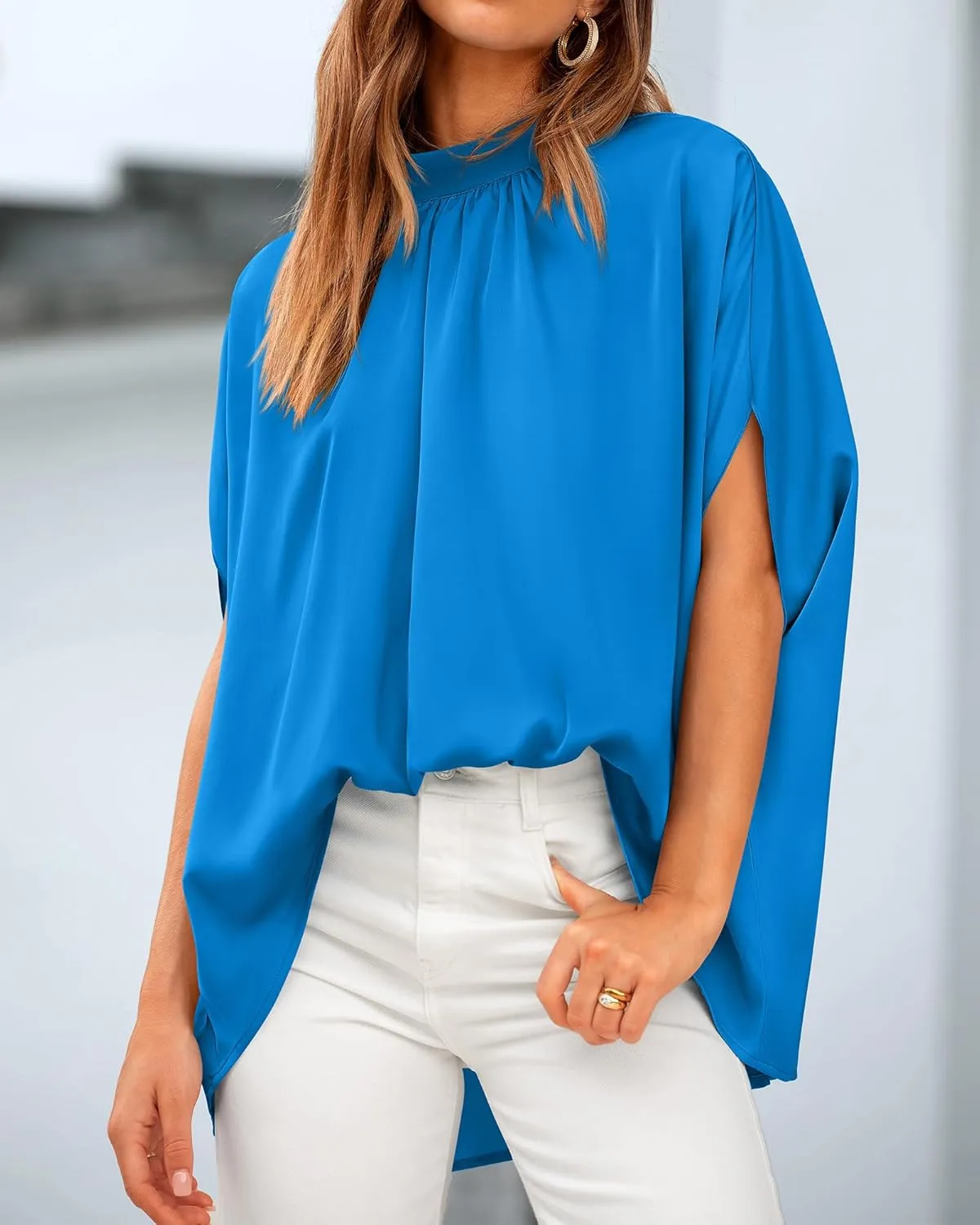 BTFBM Women Mock Neck Summer Tops 2025 Spring Batwing Short Sleeve Loose High Low Hem Casual Oversized Blouses Shirts