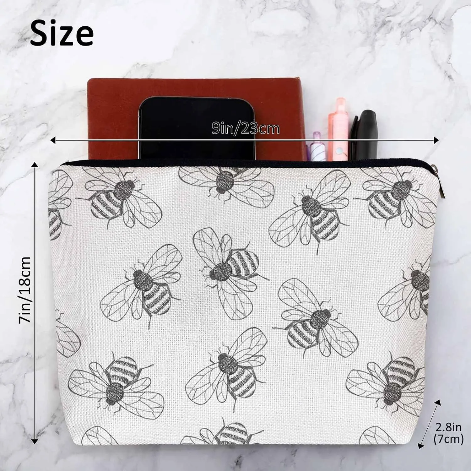 Bumblebee Makeup Bag For Women, Adorable Cosmetic Bag Makeup Bags, Gray Animal Bee Bumblebees Zipper Bag Travel Bags Toiletry Organizers Pouch Bags Washing Bags For Gym Bathroom
