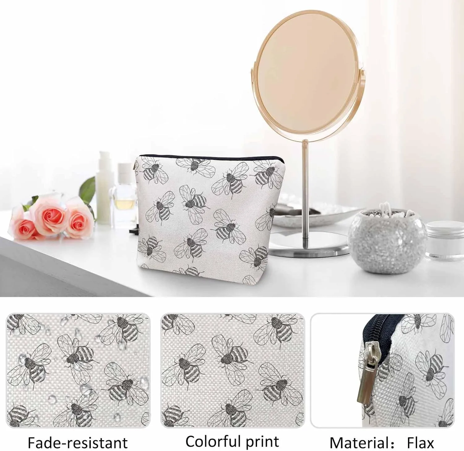 Bumblebee Makeup Bag For Women, Adorable Cosmetic Bag Makeup Bags, Gray Animal Bee Bumblebees Zipper Bag Travel Bags Toiletry Organizers Pouch Bags Washing Bags For Gym Bathroom