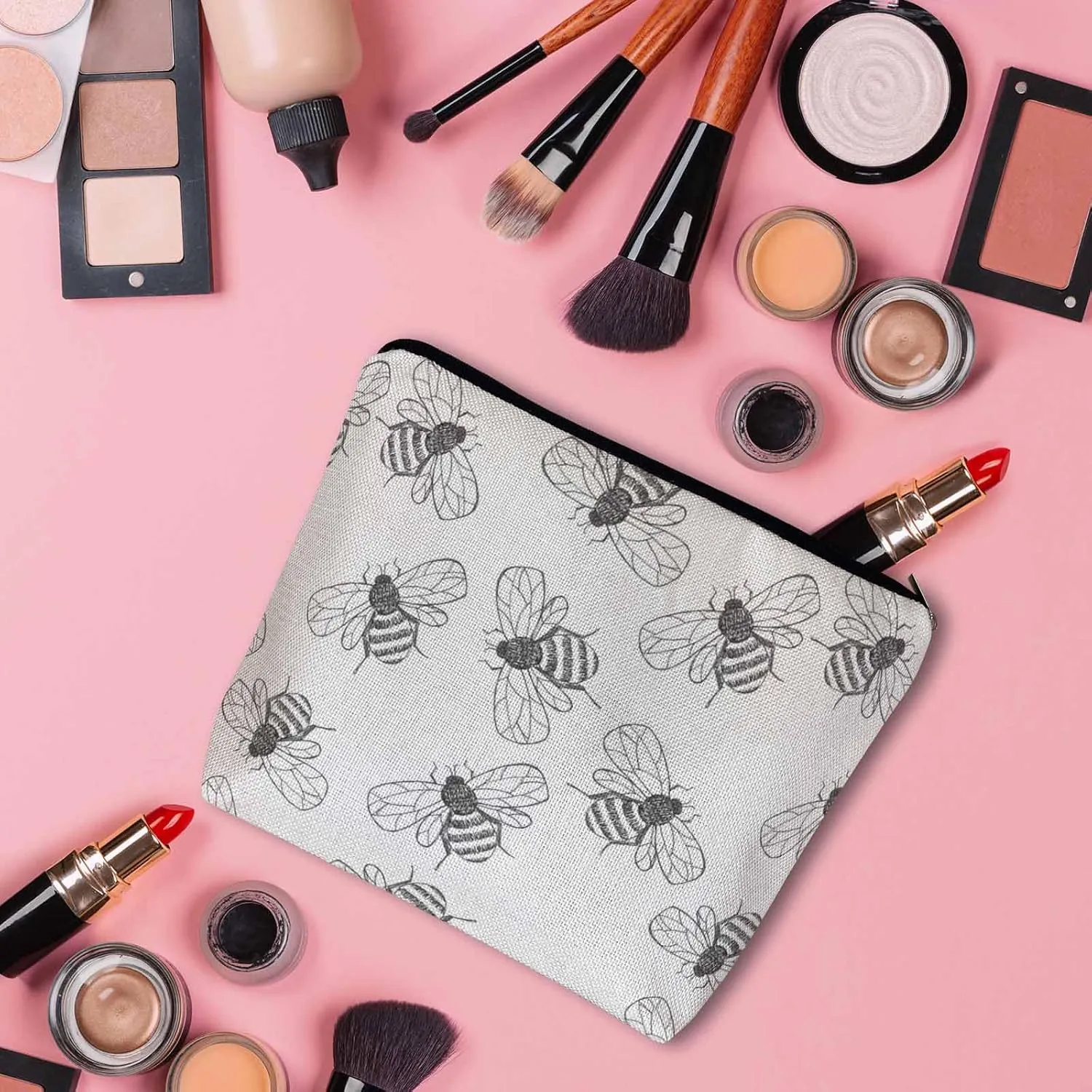 Bumblebee Makeup Bag For Women, Adorable Cosmetic Bag Makeup Bags, Gray Animal Bee Bumblebees Zipper Bag Travel Bags Toiletry Organizers Pouch Bags Washing Bags For Gym Bathroom