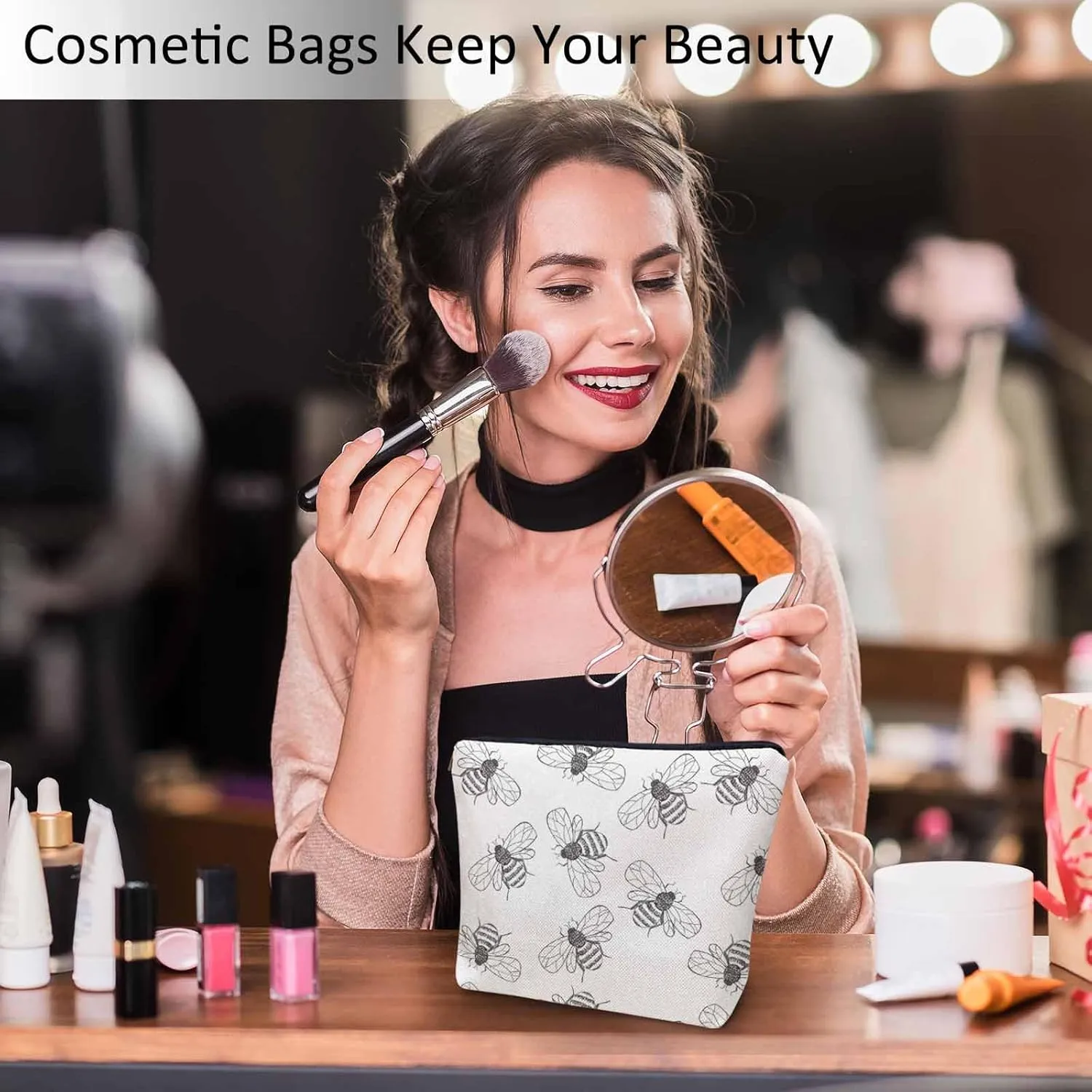 Bumblebee Makeup Bag For Women, Adorable Cosmetic Bag Makeup Bags, Gray Animal Bee Bumblebees Zipper Bag Travel Bags Toiletry Organizers Pouch Bags Washing Bags For Gym Bathroom