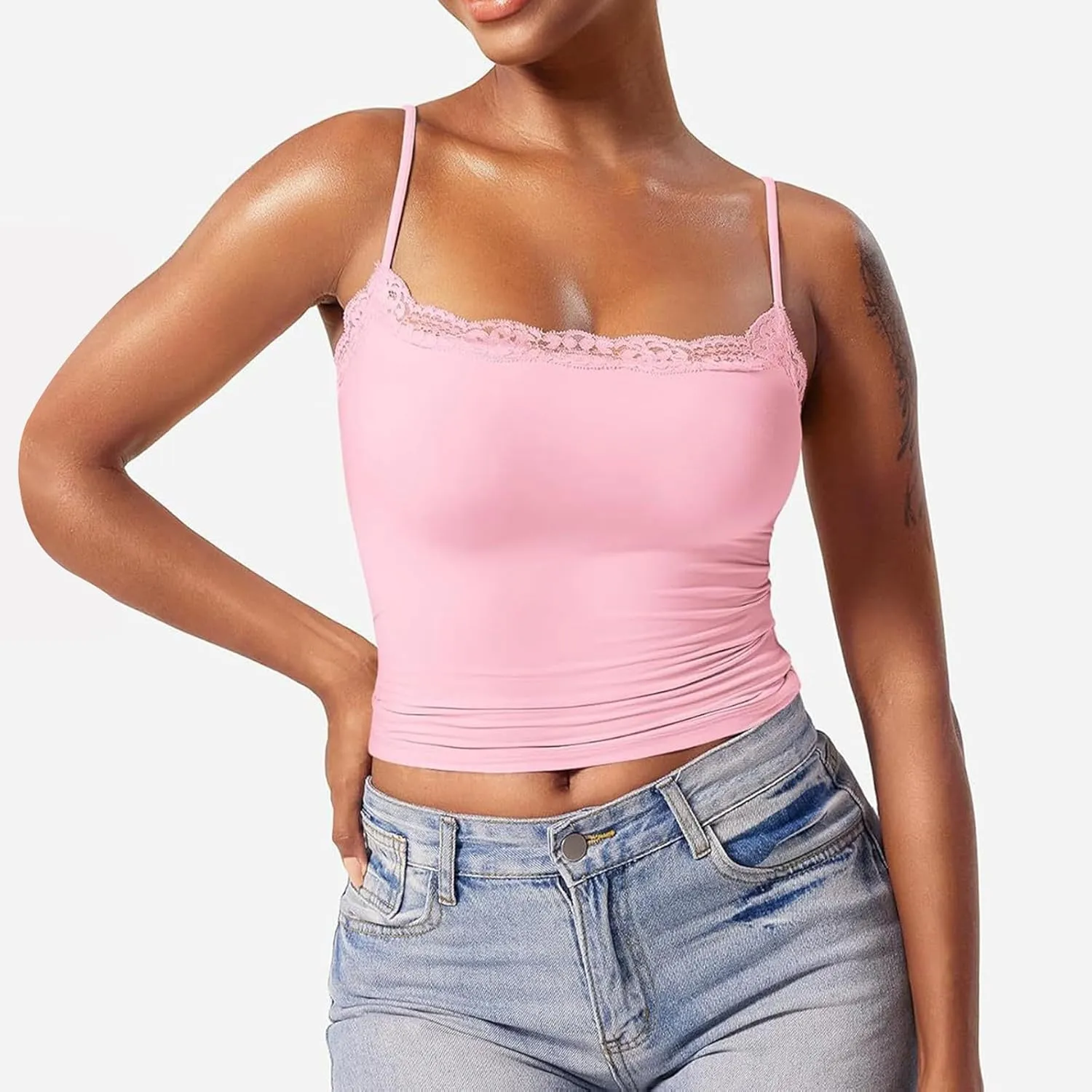 Camisole Tops for Women,Square Neck Lace Tank Tops Adjustable Spaghetti Straps Sleeveless Summer Outdoor Undershirt