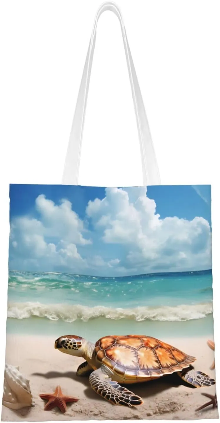 Canvas Tote Bag Aesthetic for Women Sea Turtle Starfish Shopping Bags Large Tote Shoulder Bag Reusable Grocery Bags Hobo Bags Casual Handbags Cute Cloth Bags Birthday Gifts