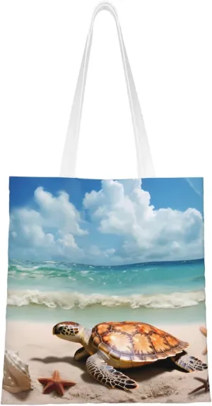 Canvas Tote Bag Aesthetic for Women Sea Turtle Starfish Shopping Bags Large Tote Shoulder Bag Reusable Grocery Bags Hobo Bags Casual Handbags Cute Cloth Bags Birthday Gifts