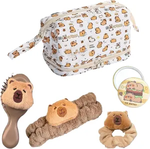 Capybara Makeup Bag,Cute Travel Cosmetic Bag Sets Include Capybara Travel Toilet Bag,Mirror, Hair Brush,Capybara Hairbands and Hair bands for t Girls Women Gift.