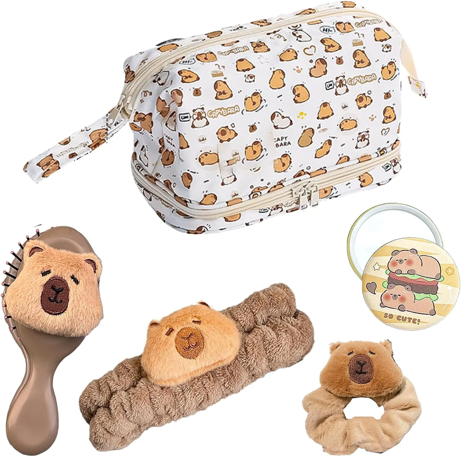 Capybara Makeup Bag,Cute Travel Cosmetic Bag Sets Include Capybara Travel Toilet Bag,Mirror, Hair Brush,Capybara Hairbands and Hair bands for t Girls Women Gift.