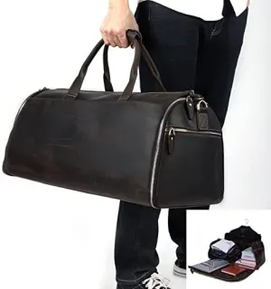 Carry On Garment Bag, Convertible Garment Bag with Shoes Bag Vintage Full Grain Leather Large Duffel Bag 2 in 1 Hanging Suitcase Suit Travel Bags for Men,3POUR3