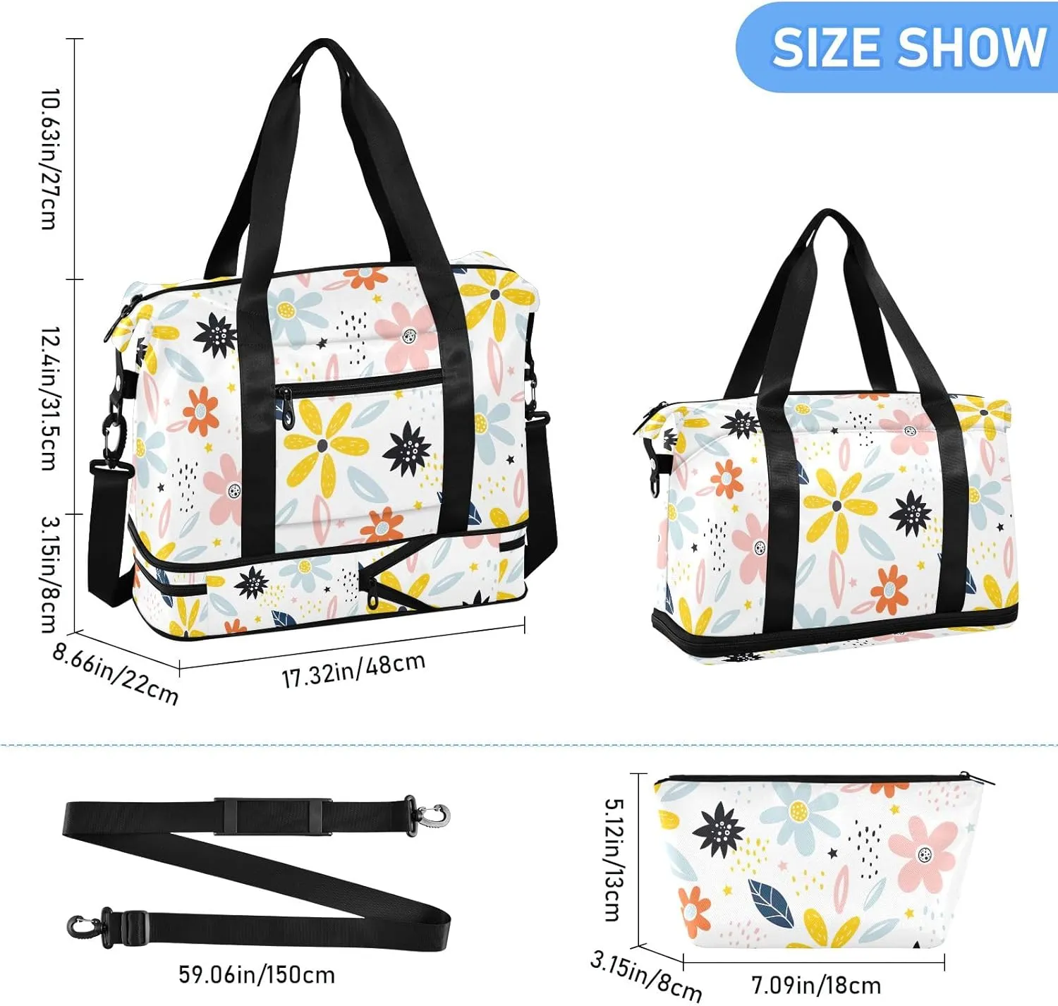 Cartoon Flowers Travelling Bags for Luggage Waterproof Sports Bag for Men, Carry on Bags for Airplanes