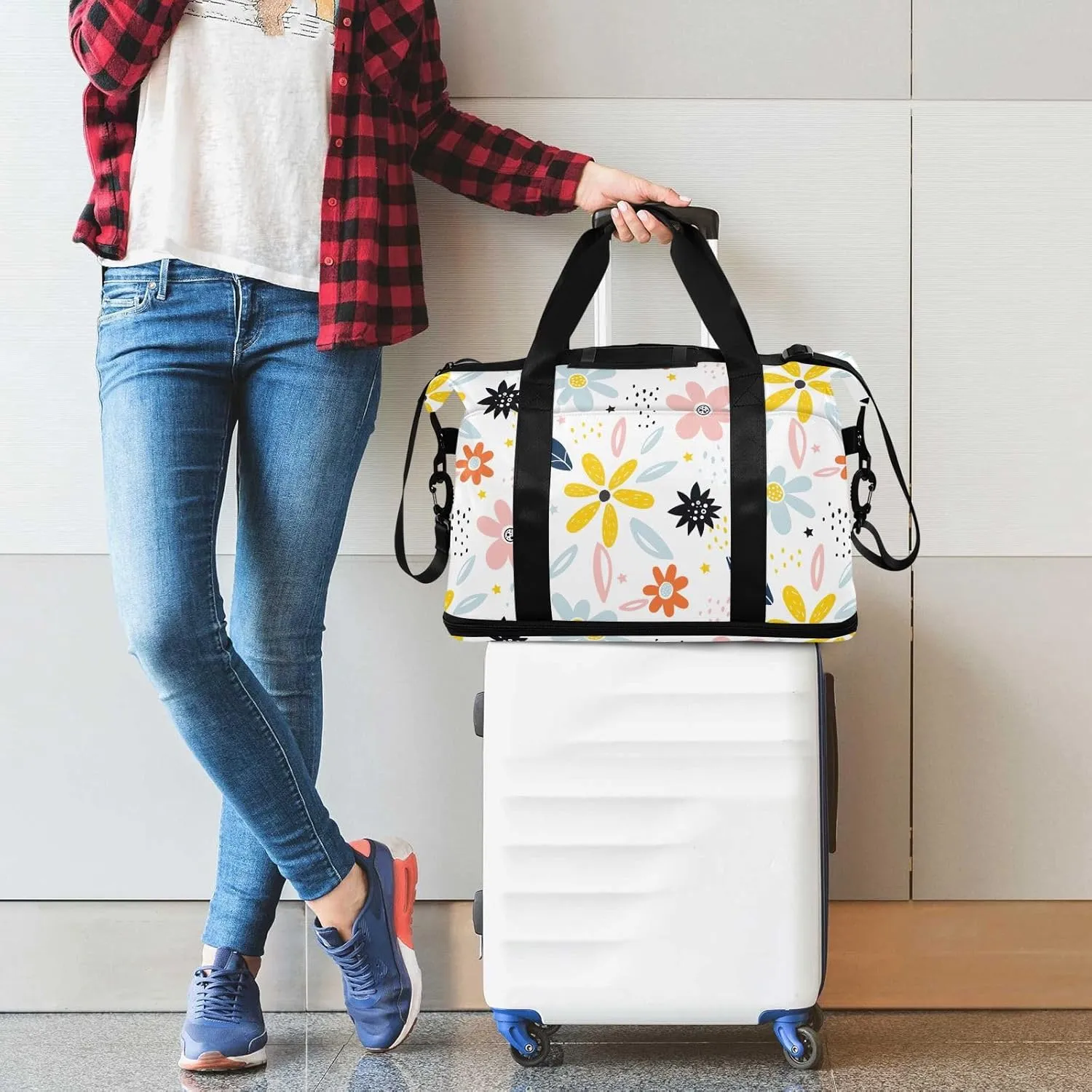 Cartoon Flowers Travelling Bags for Luggage Waterproof Sports Bag for Men, Carry on Bags for Airplanes