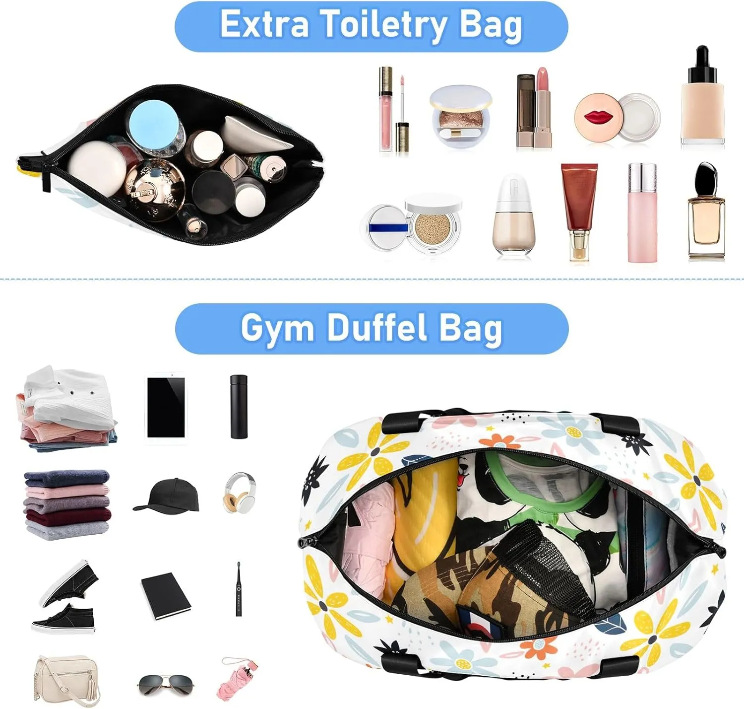 Cartoon Flowers Travelling Bags for Luggage Waterproof Sports Bag for Men, Carry on Bags for Airplanes